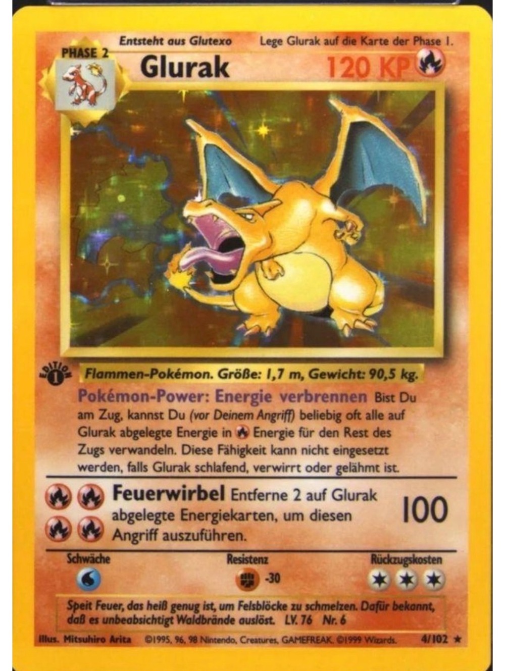 1999 Pokemon German Base Set 1st Edition Glurak Charizard 4/102 Holo Rare